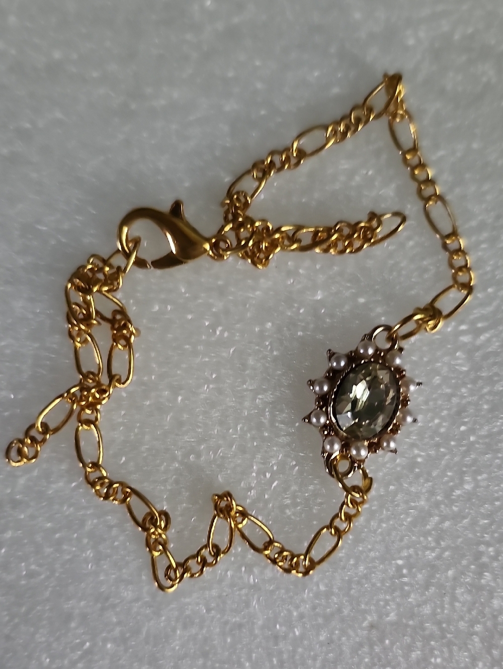 Hand Crafted Gold Bracelet / Anklet with Green Crystal and Pearl Accents